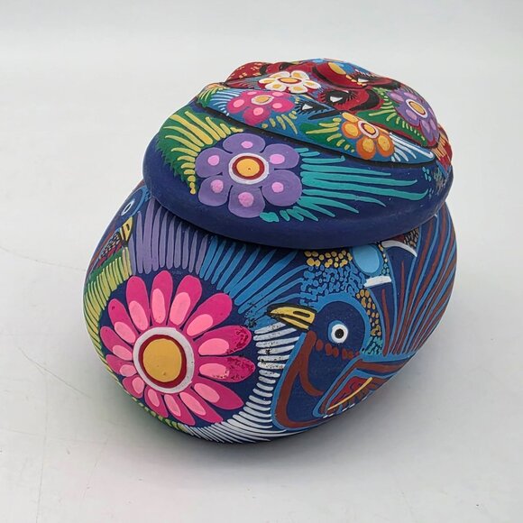 Hand-Painted Mexican Pottery Sun & Moon Trinket Box With Lid 5" - Picture 8 of 10